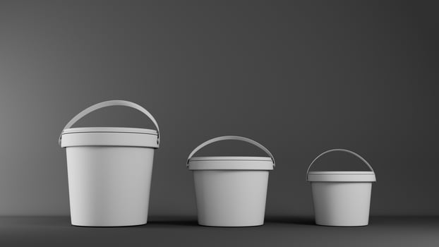 Three white buckets on gray background. Mock up, 3D Rendering photo