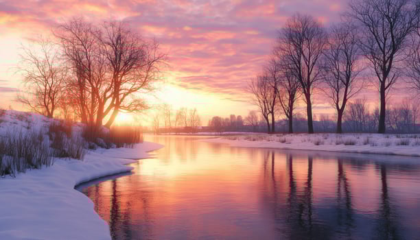 Winter sunset light beauty landscape in river covered snow photo