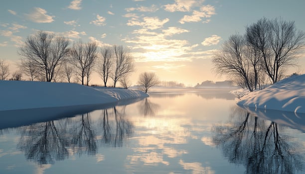 Winter landscape bright sky with river and trees covered by snow photo