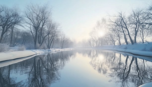 Winter landscape bright sky with river and trees covered by snow photo