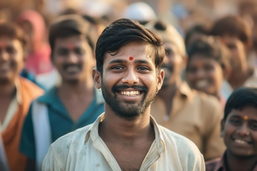 A man smiles in front of a crowd photo