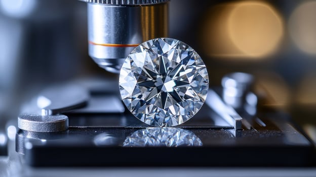 A diamond glistens under a microscope, revealing intricate facets and brilliance photo