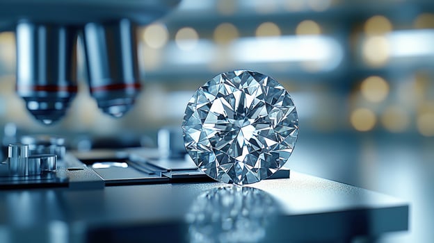 A sparkling diamond sits beneath a microscope, showcasing its stunning cut and brilliance photo