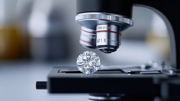 A diamond sparkles while being studied under a microscope in a laboratory photo