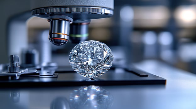 A brilliant diamond sparkles as it is closely inspected with a microscope photo