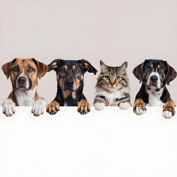 Four pets peek over white bar, curious and relaxed For Social Media Post Size photo