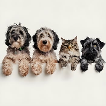 Two dogs and two cats peek over white bar, relaxed For Social Media Post Size photo