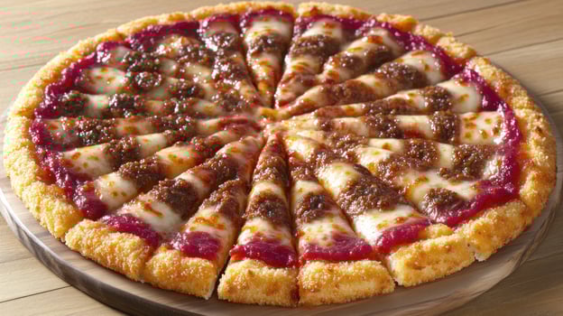 A flavorful pizza with a golden crust and rich toppings sits ready to be enjoyed photo