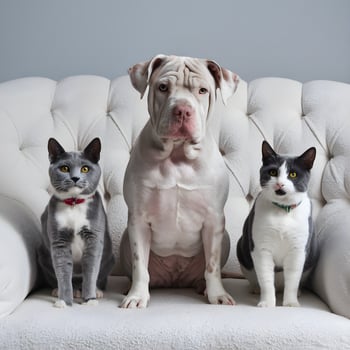 Dog with wrinkled skin sits between two collared cats, white plush sofa behind For Social Media Post Size photo