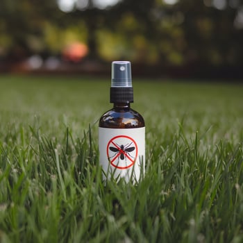 Spray bottle on lush lawn, labeled mosquito repellent with blurred green background For Social Media Post Size photo