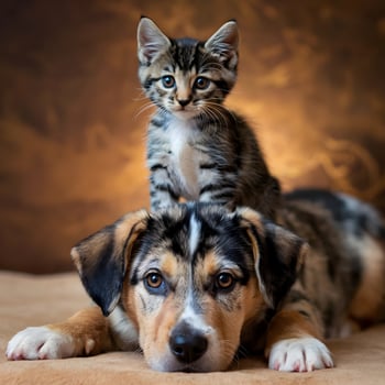 Tabby kitten atop mixed fur puppy, warm brown background highlighting calmness For Social Media Post Size photo