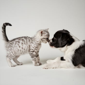 Tender moment as kitten touches noses with lying puppy, plain white background For Social Media Post Size photo
