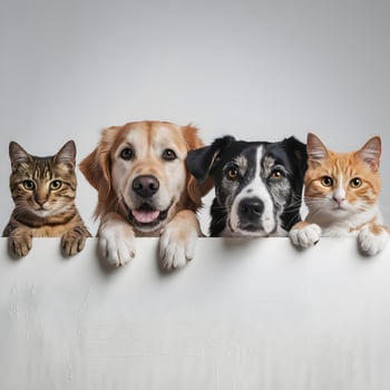 Two cats and two dogs peek over white barrier with expressive eyes For Social Media Post Size photo