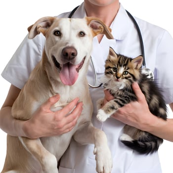 Veterinarian in white uniform cradles happy dog and curious kitten For Social Media Post Size photo