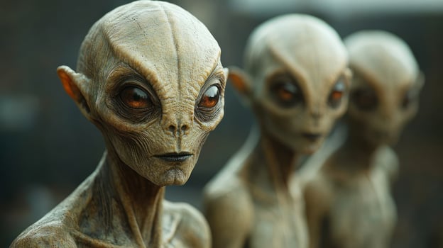 Three alien figures stand silently, gazing towards unknown horizons in twilight photo