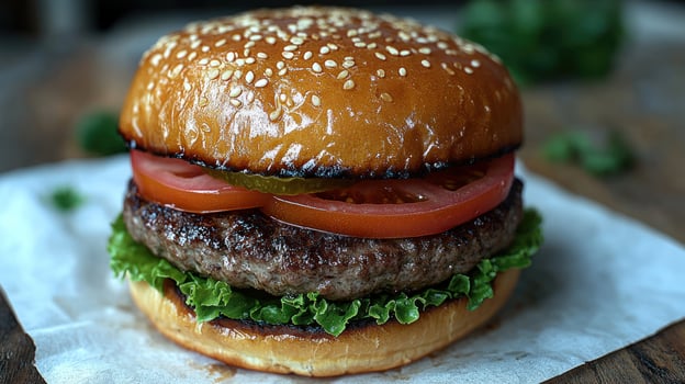 A delicious burger stacked high with fresh ingredients awaits lunchtime enjoyment photo