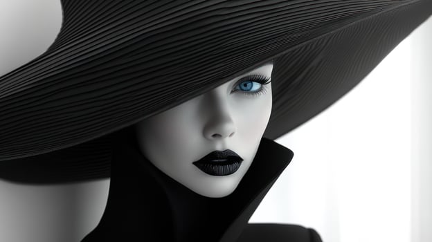 The striking mannequin showcases an elegant black hat and captivating makeup photo