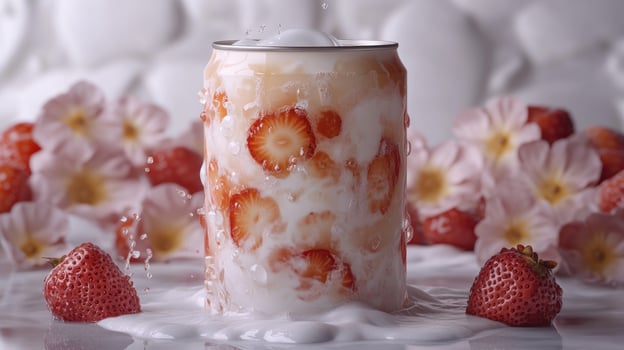 A chilled can coated with condensation sits among fresh strawberries and blossoms photo