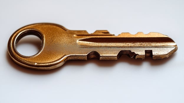 This brass key shines brightly on a clean white background, inviting curiosity photo