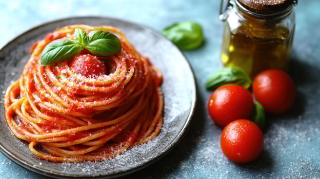 A plate of spaghetti adorned with basil and surrounded by ripe tomatoes and olive oil photo