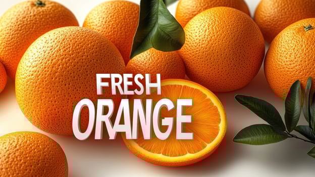 Vibrant oranges arranged beautifully, with one sliced open revealing juicy pulp photo
