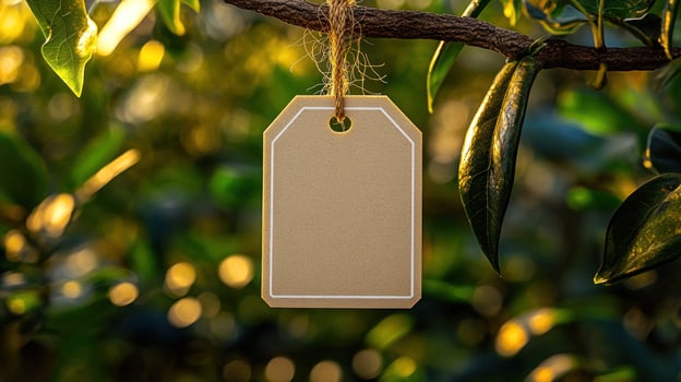A blank label hangs from a lush branch, illuminated by warm golden sunlight photo
