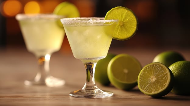 Two vibrant margaritas garnished with lime slices invite a festive summer vibe photo