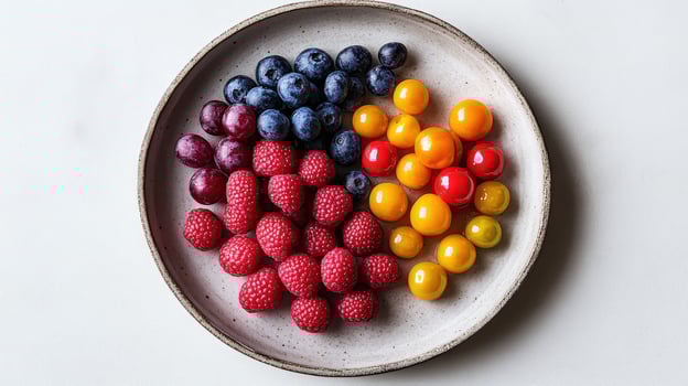 Colorful berries and tomatoes arranged artistically on a light-colored plate photo