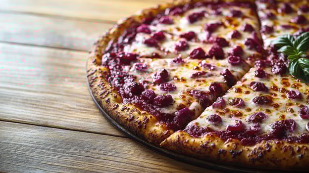 A delicious pepperoni pizza sits on a wooden table, ready to be enjoyed by everyone photo