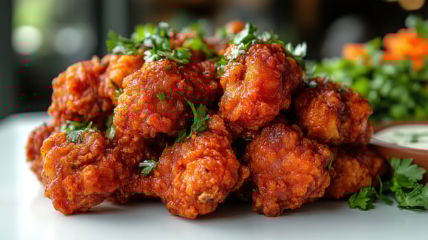 Delicious fried chicken pieces topped with vibrant herbs ready to enjoy with friends photo
