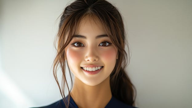 A joyful young woman smiles brightly, adding to the serene atmosphere photo