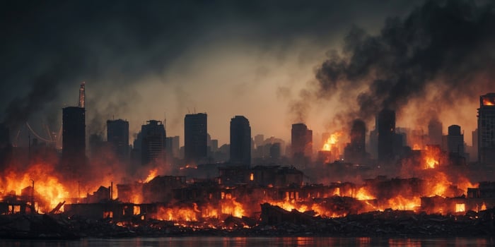 Ruined cityscape with fires raging under a gloomy sky. photo