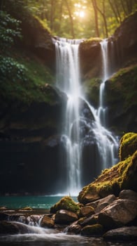 Powerful Cross Beneath Cascading Waterfall in Serene Forest Landscape. photo