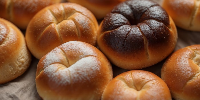 Assorted freshly baked sweet buns from above. photo