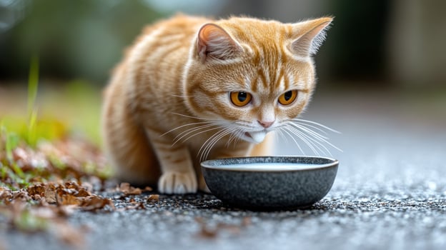 An orange tabby cat is carefully examining a bowl placed outdoors amidst fallen leaves photo