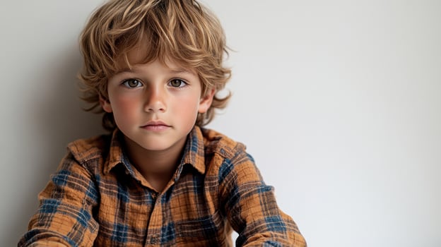 A young boy with curly hair sits quietly, radiating innocence and curiosity photo