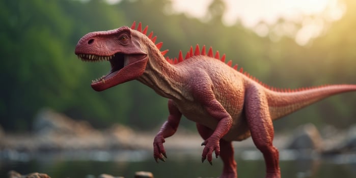 Pale dinosaur with red spikes by a jungle river at sunrise. photo