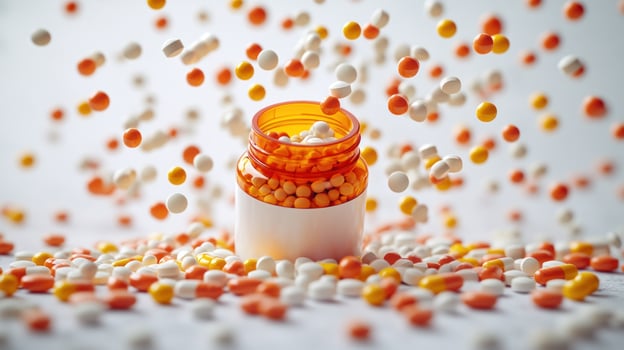 Colorful capsules cascade from a bottle, creating a dynamic and lively display photo