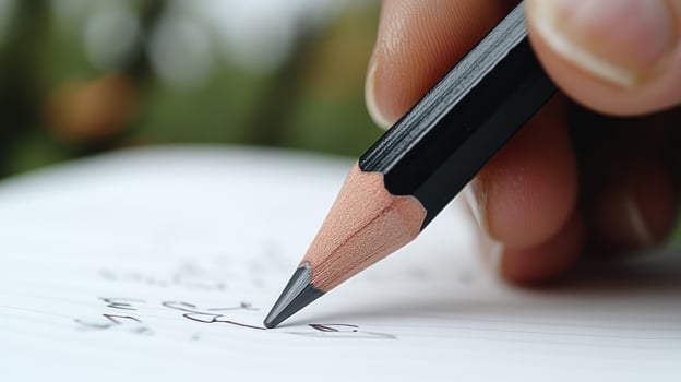 A hand grips a pencil, crafting thoughtful notes in a tranquil, green environment photo