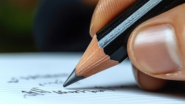 A person delicately writes notes using a black pencil against a blank page photo
