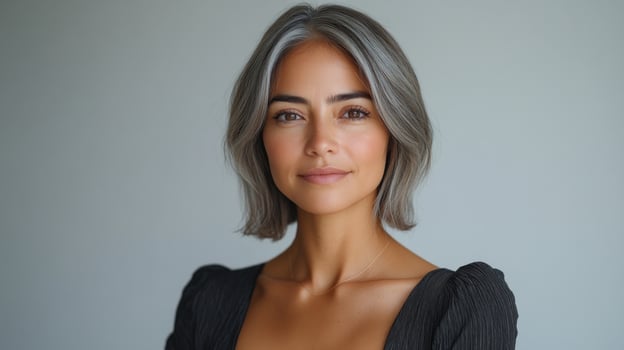 A woman with striking silver hair exudes confidence and grace in a serene setting photo