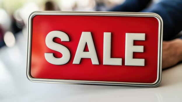 A bright red sign with bold white letters attracts customers with a sale photo