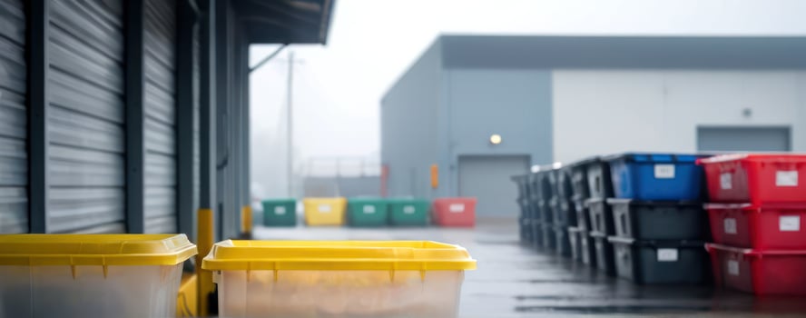 A group of yellow and red bins next to each other photo