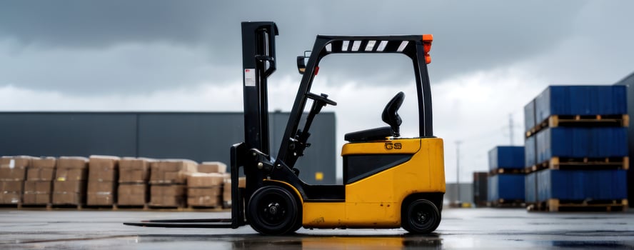 A forklift truck is parked in an industrial warehouse photo