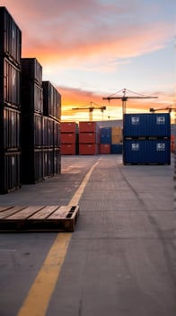 A warehouse full of shipping containers and pallets at sunset photo