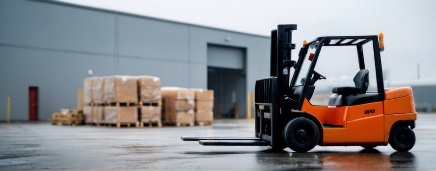 A forklift is parked in front of an industrial warehouse photo
