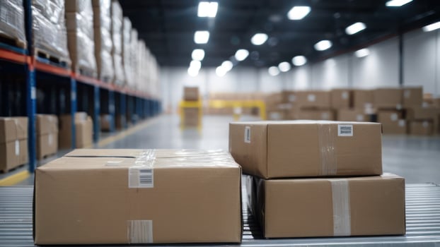A large warehouse with boxes on the conveyor belt photo