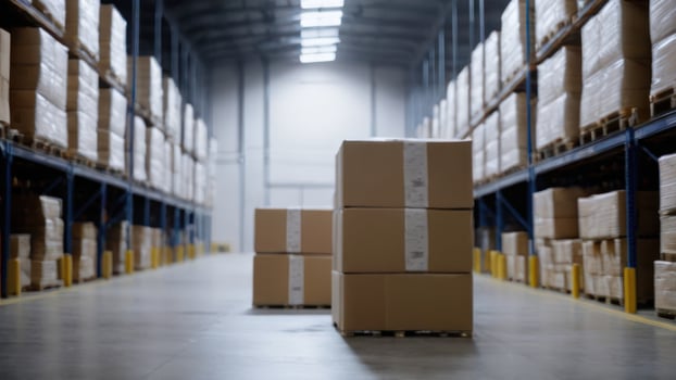A warehouse with boxes in the middle of it photo