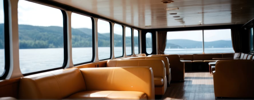 The inside of a boat with seats and windows photo