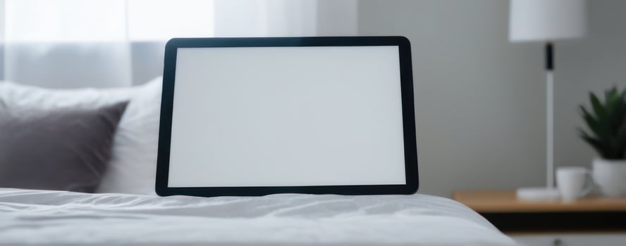Tablet pc on bed with blank screen photo